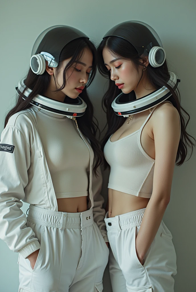 (8k, RAW photo, best quality, masterpiece), (photorealistic), outstanding details, ultra-high resolution, anatomically correct, textured skin, (Extremely precise and accurate ???????),
2 girl, yuri, space helmet, bubble helmet,, eva helm 2girls,,space helmet, eva helm,wearing a (spacesuit:1.15), white cargo pants, astronaut),room, ??????????, tongue out, 2girls, saliva trail, ??? on body, close eyes,(Cute Japanese girl , 20-year-old)