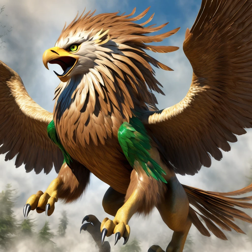 A mythical Griffin in mid-flight with widespread wings showing brown and white feathers. The creature has the body of a lion and the head of an eagle with sharp green eyes and an open beak. Its talons are outstretched forward, capturing the motion as if reaching for prey. Include detailed textures to give a realistic portrayal similar to traditional fantasy art illustrations.