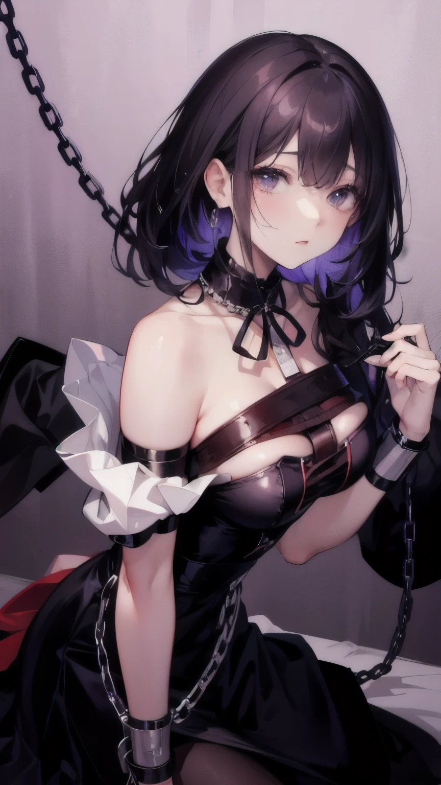 arafed woman with a collar tied to her chest and a chain around her neck, restrained, wearing steel collar, slave collar, shibari, rope bondage, ((restrained)), collar and leash, neck shackle, detailed image, wrapped in leather straps, handcuffed, ayami, ayami kojima amano, deayami kojima,Best Quality,masutepiece,8K,The ultimate detailed dark background, Top image quality, RAW photography,