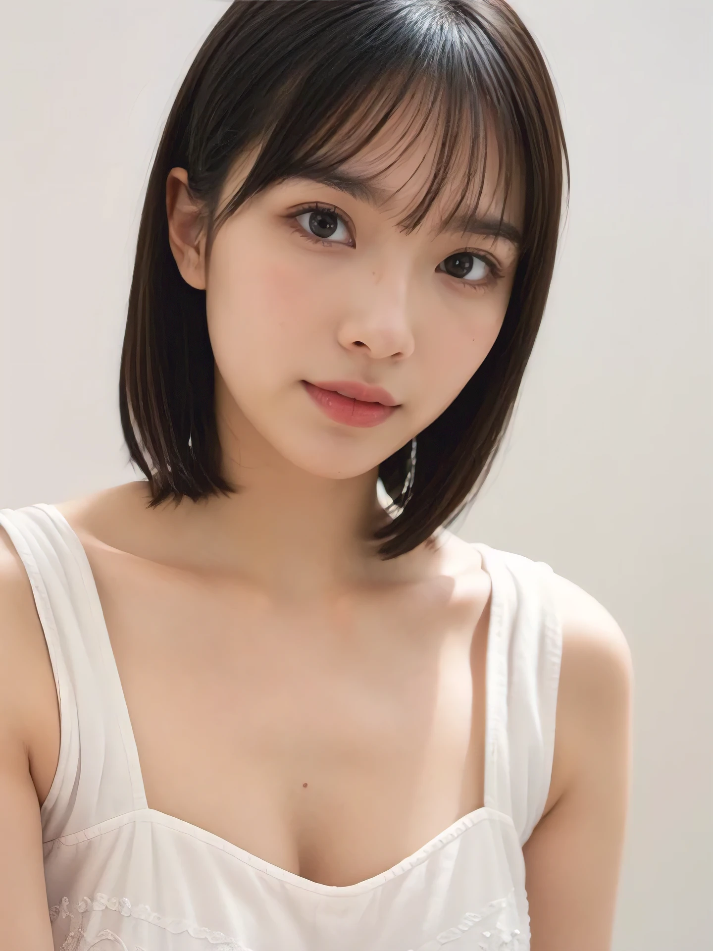 1girl, 25years old woman, cute face, Small breasts, medium breasts, large breasts, beautiful face, (perfectly detailed face), ((looking at viewer)), Simple Background, ((white background)), ((white wallpaper)), White skin, (bright lighting:1.2), perfect lighting, photorealistic, (bokeh), UHD, anatomically correct, highres
