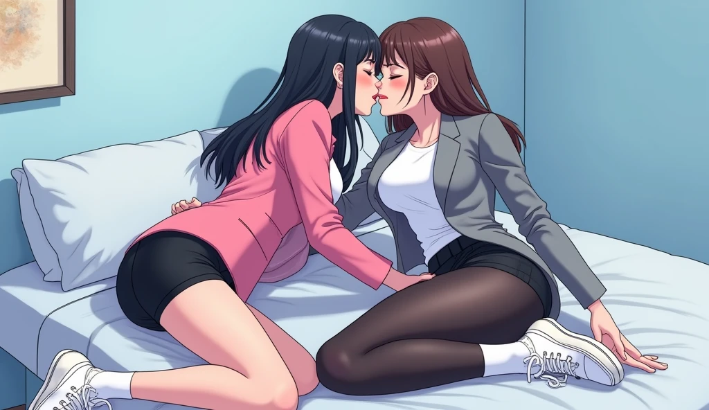 Two girls, long black hairs, yuri, lesbian
(The first girl wear a pink suit jacket, white shirt, black pencil skirt, black underpants, black tights, white socks, white sneakers high top)
(The second girl wore a grey suit jacket, white shirt, black pencil skirt, black underpants, black tights, white socks, white sneakers high top)
french kiss, lesbian kiss, hugging kiss, sensual body, straddle on the bed, insert one hand and touch the black underpants, insert finger into pussy, closed eyes, lying on the bed, light blue bedroom, novel cartoon, 4K, HD