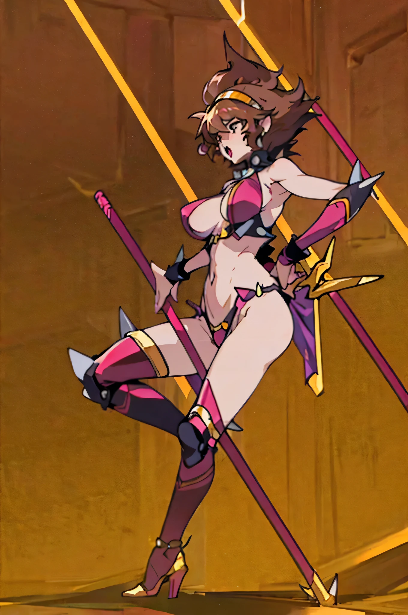 1girl, solo, short hair, breasts, open mouth, brown hair, thighhighs, navel, holding, cleavage, brown eyes, jewelry, full body, hairband, boots, high heels, bracelet, staff, spikes, fighting stance, retro artstyle,Arisugawa_MayukoIAS
