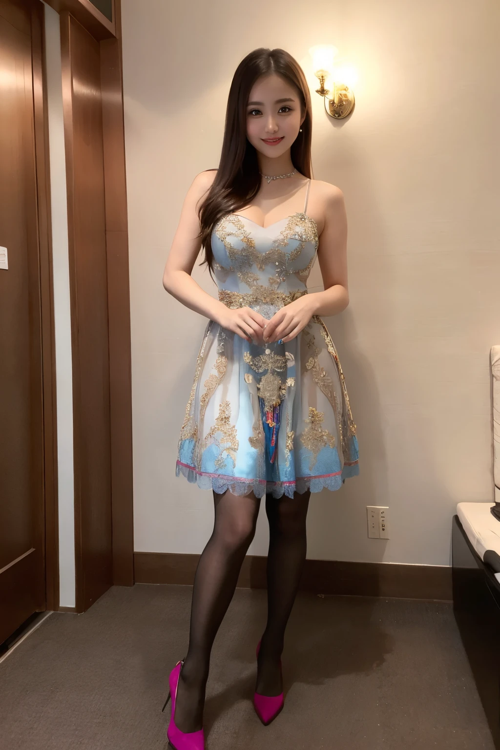 ulzzang-6500-v1.1, (RAW Photos:1.2), (Photorealistic), Beautiful detailed girl, (Genuine: 1.4), Very detailedな目と顔, Beautiful and fine details, (((Upper class girl in elegant formal dress of random colors:1.3)))、(Ultra-realistic pantyhose:1.2), (High heels:1.2), (I keep my hair short)、 (A very loving smile:1.2)、Large file size, High resolution, Very detailed, Highest quality, [masterpiece:1.6], Awareness-raising, Very detailed, Hmph, In detail, Highest quality, 8k wallpaper, Cinema Lighting, One Girl, , Perfect figure, Cute droopy eyes、Beautiful big eyes、 ((masterpiece)), Highest quality, One Girl, eye shadow, Upper Body, Portraiture, ((Full Body Shot:1.2))、