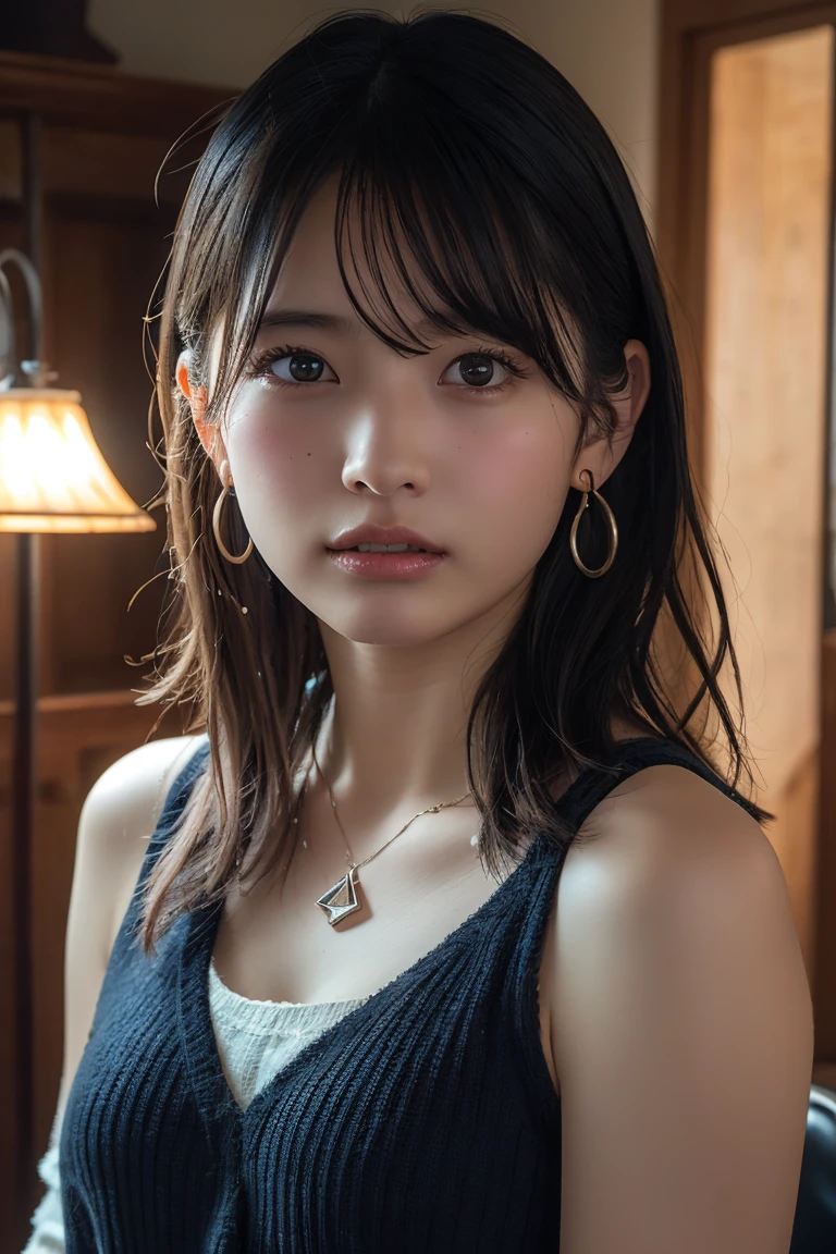 (Highest quality:1.4)，(masterpiece:1.4)，(Realistic:1.4)，(Realistic:1.2)，(超High resolution， RAW Photos:1.4)，(High resolution， Ultra-detailed:1.2)，(8k:1.2)，View your viewers，Cinematic photography，One person，skeletally correct，Black-haired woman，Woman in her early 20s，(Small earrings，necklace，Summer knit with bare shoulders)，（Western-style building interior，Dimly lit room，The lamplight shines on my cheeks）