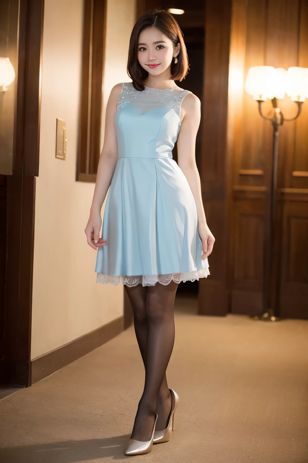 ulzzang-6500-v1.1, (RAW Photos:1.2), (Photorealistic), Beautiful detailed girl, (Genuine: 1.4), Very detailedな目と顔, Beautiful and fine details, (((Upper class girl in elegant formal dress of random colors:1.3)))、(Ultra-realistic pantyhose:1.2), (High heels:1.2), (I keep my hair short)、 (A very loving smile:1.2)、Large file size, High resolution, Very detailed, Highest quality, [masterpiece:1.6], Awareness-raising, Very detailed, Hmph, In detail, Highest quality, 8k wallpaper, Cinema Lighting, One Girl, , Perfect figure, Cute droopy eyes、Beautiful big eyes、 ((masterpiece)), Highest quality, One Girl, eye shadow, Upper Body, Portraiture, ((Full Body Shot:1.2))、