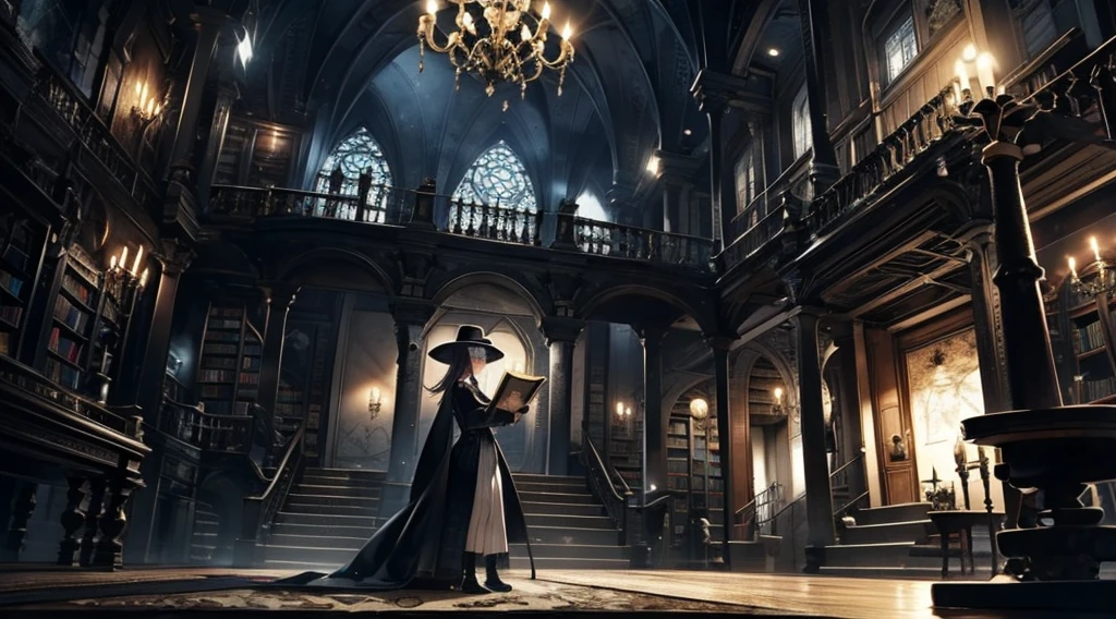 One woman reading a grimoire at a seat in a fantastic library, Black Hat, Black Boots, Black Long Cardigan, White dress, Black hair, Short bob