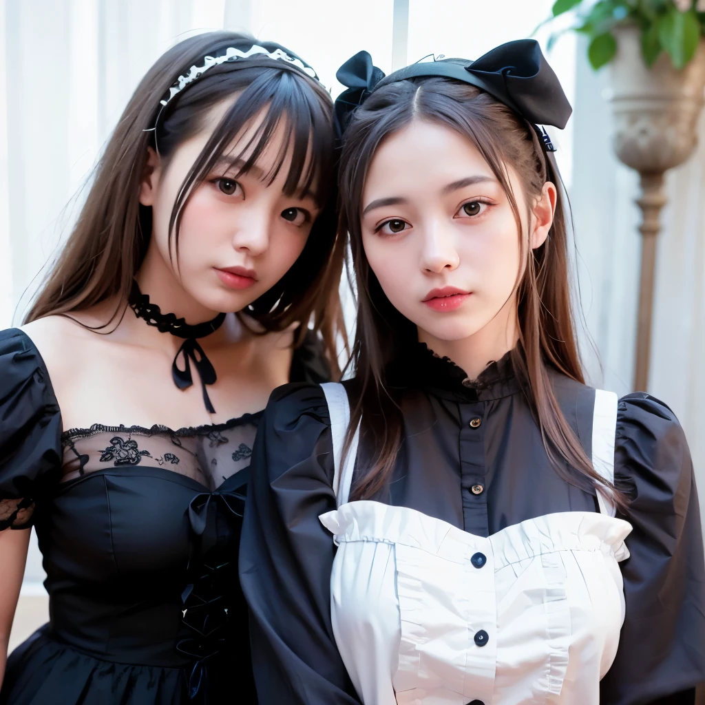 (Realistic, photo-Realistic:1.37), Incredibly absurd, (Very detailed:1.3), 8k, (masterpiece), (Highest quality:1.4), (Ultra-high resolution:1.2), (RAW Photos:1.2), Very detailed background, (unity 8k wallpaper), 1 nogizaka girl, very cute, bishojo, 15 years, (Gothic Lolita Fashion), Exquisitely drawn beautiful faces, eyes and skin, Detailed black shiny hair, Elegant frills, Frilled tie, Ribbon tie, Rose Hair Accessories, Delicate lace dress, Soft fabric, Beautiful rose pattern, Smiling for the camera, Cowboy Shot, Professional Lighting1 girl,