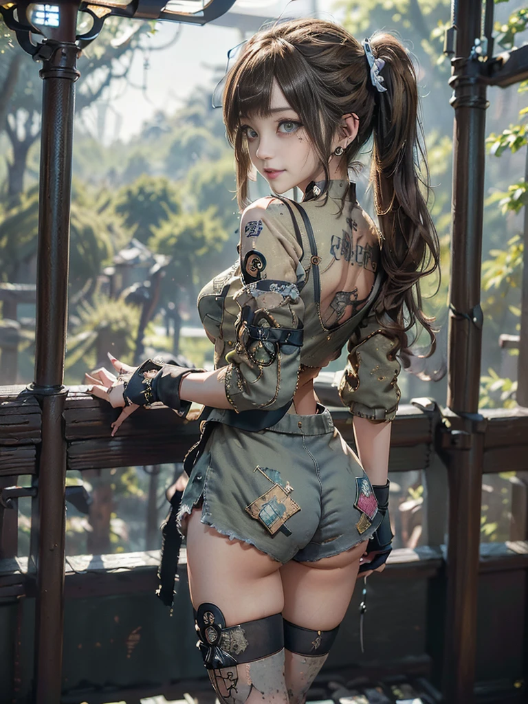 (Full Body View:1.4)、(Back view:1.4)、(Look over your shoulder:1.3)、(Please smile with your teeth showing:1.4),(Shibuya Gal:1.5)、(Goth Style Fashion:1.5)、(Tattered khaki and gray futuristic micro high leg bodysuit:1.5)、(Tattered Khaki and Beige Micro Fancy Sleeves:1.5)、(Tattered khaki micro shorts:1.5)、(Brown and khaki knee socks:1.3)、(camouflage:1.3)、(Military jacket:1.4)、Brown boots、Khaki gloves、internal、(underwear is small:1.4)、2、(Posing as a gravure model:1.3)、((Highest quality、8k、masterpiece:1.3))、One person、The beauty of slim abs:1.3、(Hairstyle Casual、Big Tits:1.1)、dress:1.1、Super small face、Narrow eyes、double eyelid、Laughter、Esbian all over body、Dynamic Angle、Close-up、CPL Filter、Blurred Background、Bokeh、Blue Hour、Detailed face and skin texture、Detailed Eyes,(Twin tails:1.3)、(Golden brown hair:1.4)、Gravure idol pose、(Background: Beautiful ancient palace in the deep forest:1.3)、(The body is slim:1.2),(Slim legs:1.4),(clavicle:1.1)