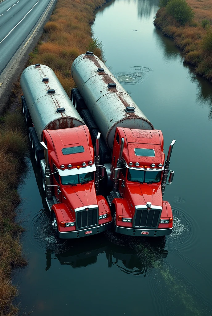 Aerial shot of a collision between two tanker trucks, where one came from the north and the other from the south, the cabin of one collided with the cabin of the other, This collision caused a leak of the combustible liquid that was being transported by one of the trucks., next to the highway that these trucks travel there is a river, and the leak is heading towards this river
