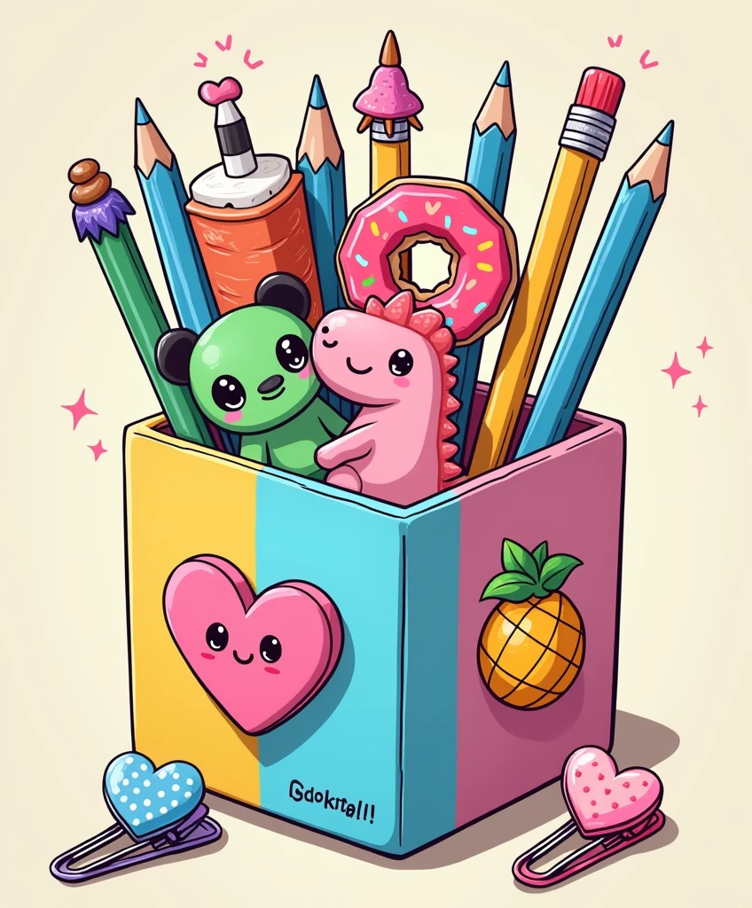 "Create a detailed cartoon-style illustration with fine, delicate strokes, aimed at female and teenage audiences. The artwork must represent a colored cubic pencil holder, with three visible sides. Each side of the pencil holder should be divided into vertical blocks with the colors yellow, blue and pink, and contain a 3D heart with a smiley face, olhos grandes e brilhantes, rosy cheeks, and a small black nose. Inside the pencil holder, Add a variety of pens and pencils with fun decorative tops, SOM: A pink donut with frosting and colorful sprinkles. A red bag of chips with eyes and a smile. A pink dinosaur with white outlines. Um coração verde de cacto com um sorriso e rosy cheeks. A panda with a cute expression and big, bright eyes. A blue pompom with blue cat ears and a happy face. Um pincel com cabo colorido em blue and pink, and realistic brown bristles. Also include paper clips positioned underneath the pencil holder.: a pink clip with a smiling pineapple ornament and a blue clip with a smiling orange ornament. Below the pencil holder, adicione o texto 'Blissful Tints!!&#39; in a light and fun handwritten font, In the black color. Use a vibrant, saturated color palette, with soft shadows to give slight depth to the elements. Make sure the illustration has a high school, summer vibe, transmitting fun and creativity. The artwork must be suitable for shirt printing, maintaining an organic distribution and avoiding rigid rectangular shapes." ((Squishmallows must appear somehow interacting interactively with the illustration))
