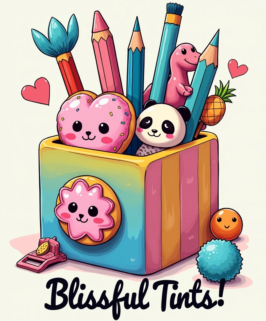 "Create a detailed cartoon-style illustration with fine, delicate strokes, aimed at female and teenage audiences. The artwork must represent a colored cubic pencil holder, with three visible sides. Each side of the pencil holder should be divided into vertical blocks with the colors yellow, blue and pink, and contain a 3D heart with a smiley face, olhos grandes e brilhantes, rosy cheeks, and a small black nose. Inside the pencil holder, Add a variety of pens and pencils with fun decorative tops, SOM: A pink donut with frosting and colorful sprinkles. A red bag of chips with eyes and a smile. A pink dinosaur with white outlines. Um coração verde de cacto com um sorriso e rosy cheeks. A panda with a cute expression and big, bright eyes. A blue pompom with blue cat ears and a happy face. Um pincel com cabo colorido em blue and pink, and realistic brown bristles. Also include paper clips positioned underneath the pencil holder.: a pink clip with a smiling pineapple ornament and a blue clip with a smiling orange ornament. Below the pencil holder, adicione o texto 'Blissful Tints!!' in a light and fun handwritten font, In the black color. Use a vibrant, saturated color palette, with soft shadows to give slight depth to the elements. Make sure the illustration has a high school, summer vibe, transmitting fun and creativity. The artwork must be suitable for shirt printing, maintaining an organic distribution and avoiding rigid rectangular shapes." ((Squishmallows must appear somehow interacting interactively with the illustration))