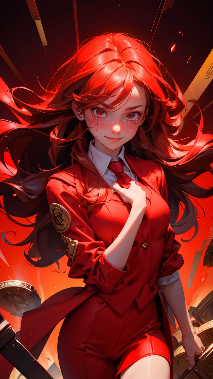 all red, bg red A beautiful, cute girl with long hair, dressed in a stylish, bright red suit with a matching red tie, giving a thumbs-up and smiling confidently. She has a comically exaggerated crying expression, tears streaming down her face. In the background, there's a red-themed financial chart with a sharp downward red arrow indicating a market crash. The entire backdrop is filled with various shades of red, with glowing red Bitcoin symbols and stacks of coins in flames at the bottom. The overall scene has a fiery, intense ambiance with lots of reds and a sense of financial turmoil zoom out image, background