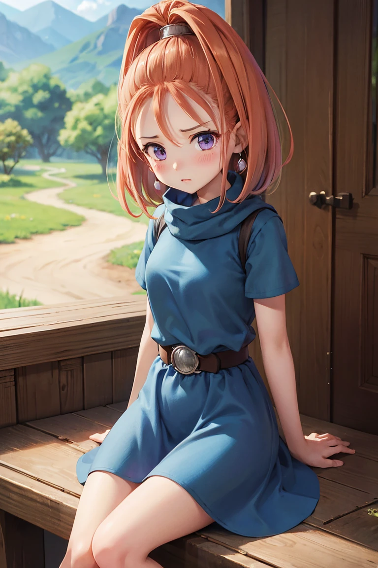 barbara/(DQ6)、Slim figure、Medium Hair、blush、Very worried face、Blue Dress、belt、White Panty Shot、Sitting