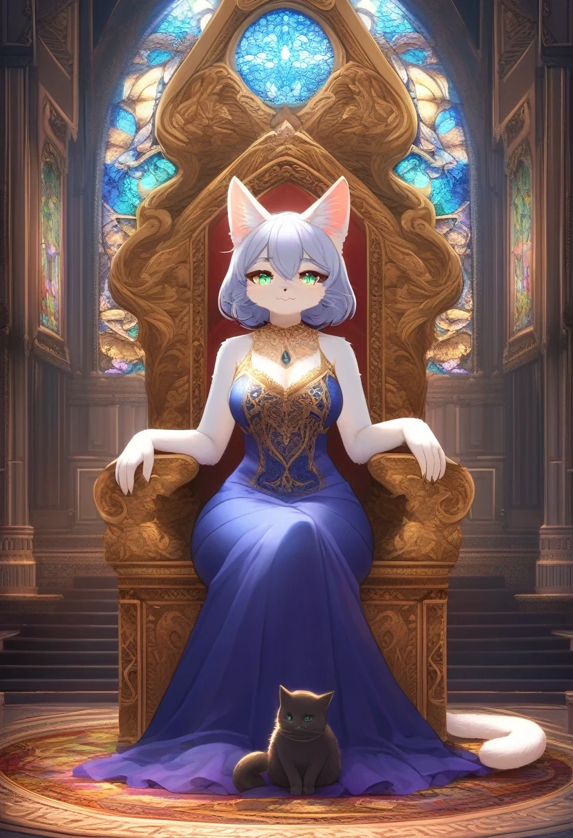 ((Masterpiece)), ((Best Quality)), (Very Detailed), ((Very Detailed)), 4K, (8K), very aesthetic, absurdres highres, 1 woman, (anthropomorphic cat, furry, kemono:1.5), A woman with a seductive smile and sharp eyes, sitting on a luxurious throne in a grand hall. She is crossing her legs, wearing an opulent dress adorned with intricate patterns and jewels. The throne is elaborately carved, and the background features detailed wall decorations, stained glass windows, and a richly patterned carpet. The scene is illuminated by warm, soft lighting, enhancing the regal and majestic atmosphere.