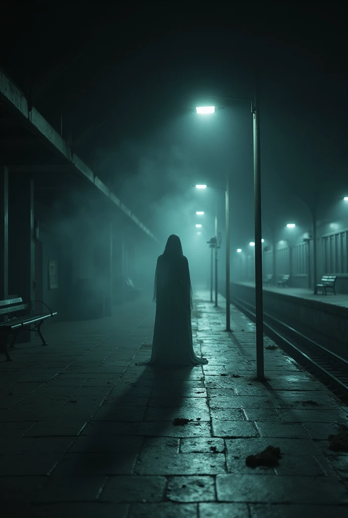 The station is nearly deserted, with an old, dimly lit platform. A ghostly figure