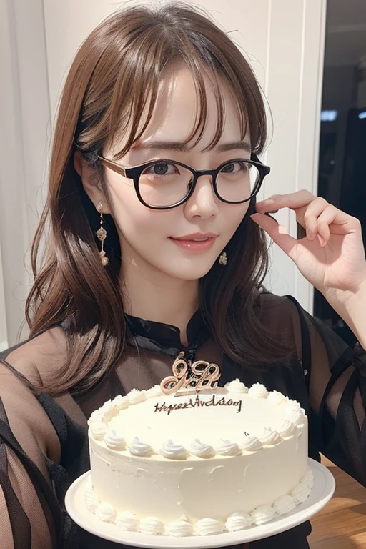 Highest quality、masterpiece、High sensitivity、High resolution、Detailed Description、Slender women、Glasses、Birthday Party、birthday cake、Lively、