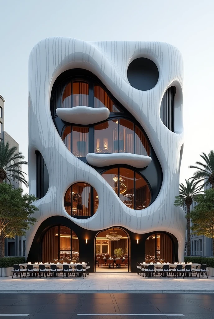 double skin facade architecture design in iran , facade of restaurant , 7.5 meter width, 22 meter height, front view, one sided , high quality rendering architecture,, in iran , cinematic , luxury architecture facade view , white and black material