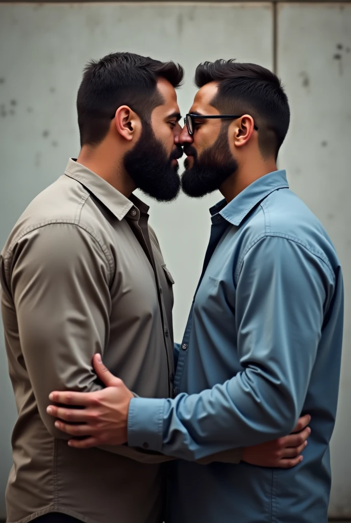 Award-winning original photos,2men, a wild muscular man and a tall chubby man, (40 years old daddy:1.1), beards, burly, hunk, (office shirts), one man wearing glasses, about to kiss passionately while leaning to a wall, detailed, lovely, upper body shot, from the side