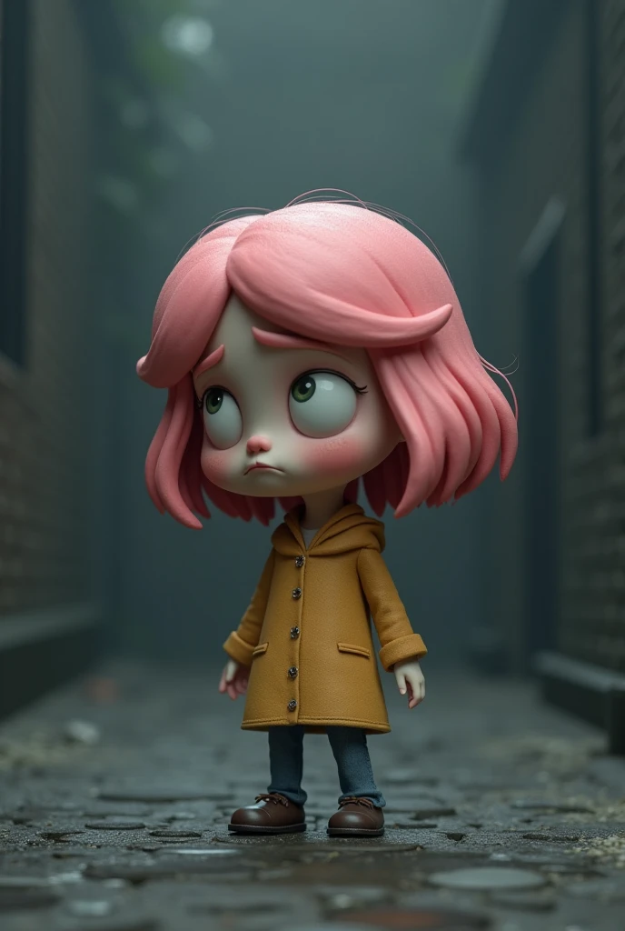 The same pink haired girl cartoon shows a gloomy 3D pose.