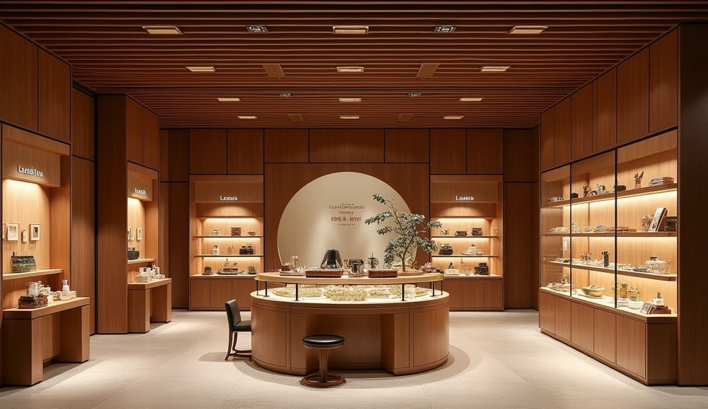 "Zuijiangyue" architectural store design,Mainly new Chinese wooden style,Makeup product store,There is a fragrance art exhibition area,Cut space layout in half,On the left, the Bogu shelf is used as a multifunctional cosmetic wine barrel box product display,On the right is a wooden wine barrel.,The transparent glass cabinet in the middle of the wine barrel slice perfume product display is used to display perfume raw materials,Sandalwood、agilawood、Camphor、Musk、Tangerine peel、Traditional Chinese spices and medicinal materials such as mugwort are placed in the back of the store with new Chinese-style tables and chairs,Set up a fragrance art experience area,Immersive viewing/Experiencing traditional incense culture requires store exterior design,The store name is Loewe and "Drunk River Moon" Please help me display the entire store