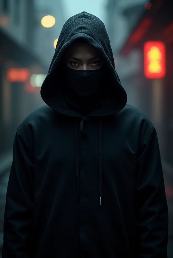 Shadowed face Black ninja in the dark knight looking at camera