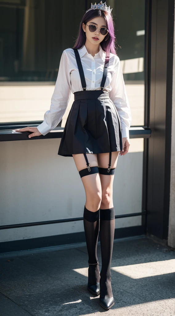 (full body:1.2),(detailed face and eyes:1.3),Classic headshot pose:1.2
torchan,1girl,solo,long hair,purple hair,green eyes,sunglasses,mini crown,shirt,long sleeves,necktie,ahoge,suspenders,suspender skirt,single thigh strap,holster,kneehighs,
Ultra-detail,(highres:1.1),best quality,(masterpiece:1.3),cinematic lighting,