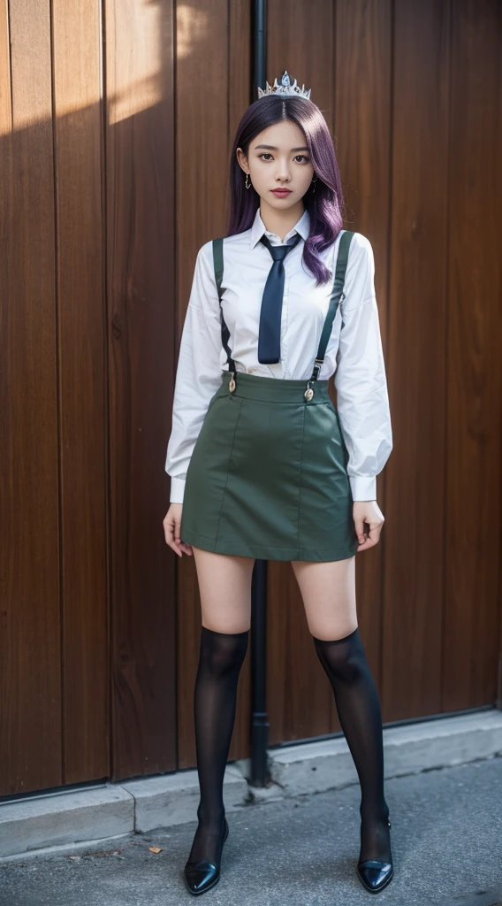 (full body:1.2),(detailed face and eyes:1.3),Classic headshot pose:1.2
torchan,1girl,solo,long hair,purple hair,green eyes,sunglasses,mini crown,shirt,long sleeves,necktie,ahoge,suspenders,suspender skirt,single thigh strap,holster,kneehighs,
Ultra-detail,(highres:1.1),best quality,(masterpiece:1.3),cinematic lighting,