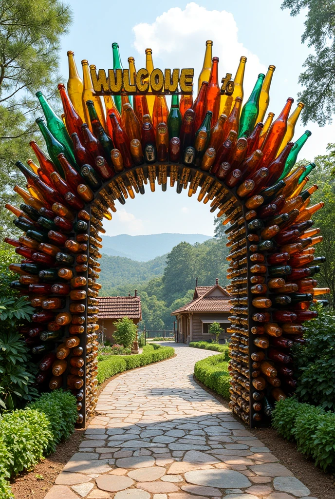 Make a picture of welcome gate using beer bottles and write welcome to kurintar Bhishma
