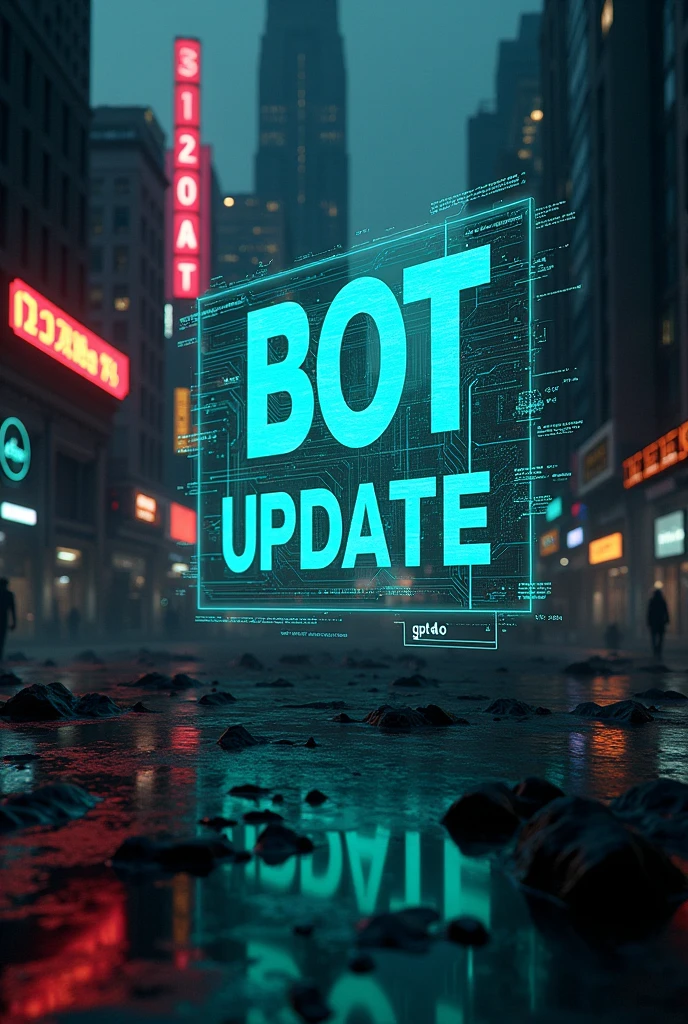a picture in a cyberpunk style with the inscription "Bot update" and below the inscription "GPT4o." letter o small