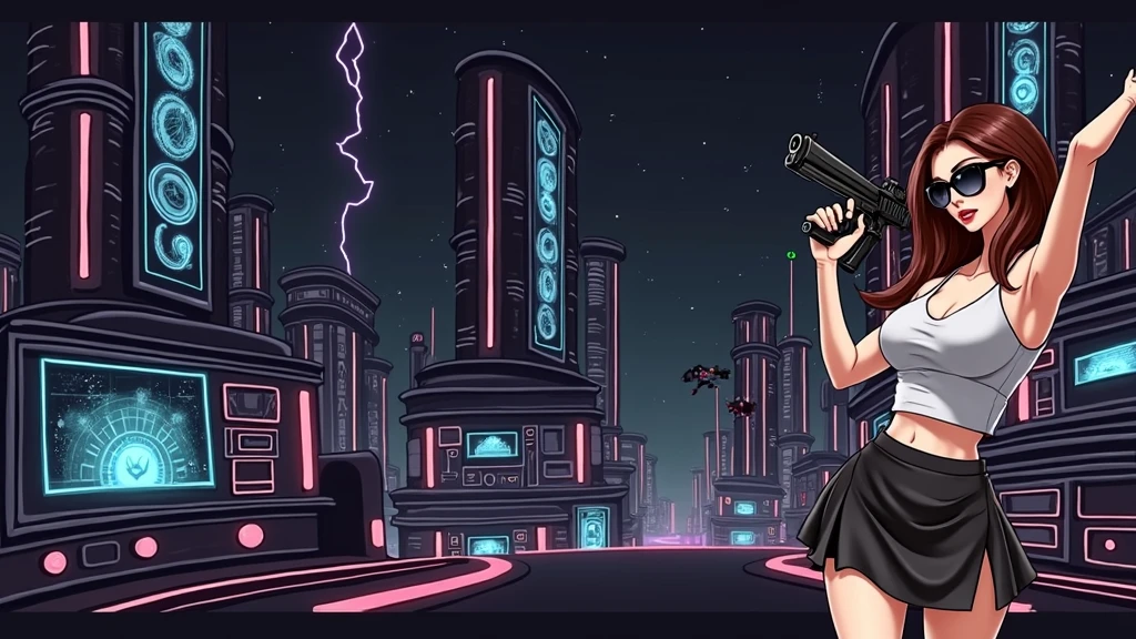 Futuristic cityscapes with colorful all-glass outlined towering skyscrapers with lightning, flying vehicle. High-resolution OLED GUI interfaces in the building, The windows are filled with transparent data visualization infographics that show it all, Egyptian fantasy arts, Egyptian statue, (Egyptian hieroglyphics). Colors are saturated and vibrant. At night, (1girl, solo, alone), photorealistic, large-breast slim:0.6 body, oval:0.5 face, cleavage:1.1, very low angle view of pleated miniskirt, deep-v, (upskirt), glove, (Matrix style black micro sunglasses), (aiming viewer with a short gun), dynamic running pose, (half-body thigh level close-up shot), cinematic lighting, ray tracing, motion blur background.