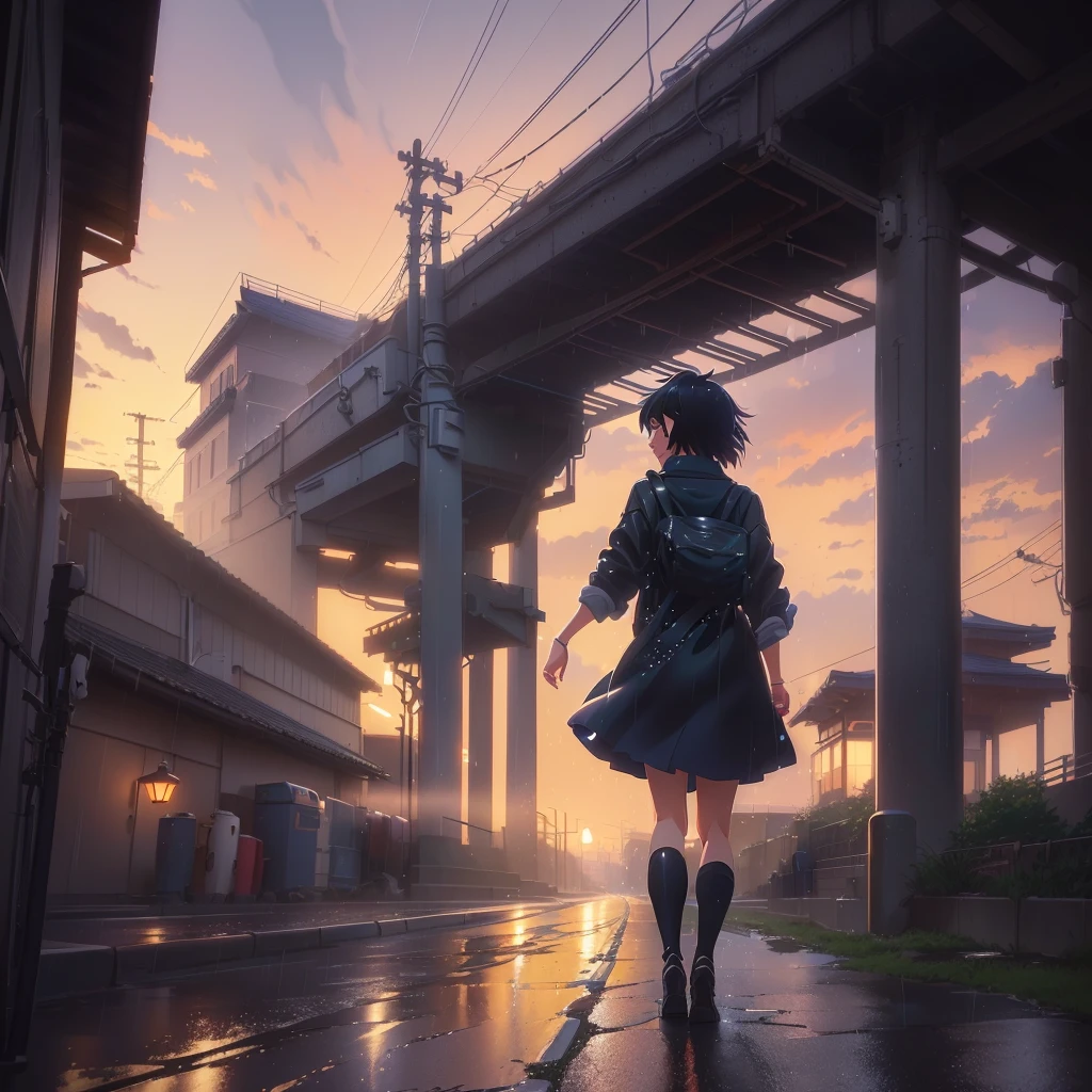 night、月night、Anime girl walking down a rain-soaked alley, in style of Makoto Shinkai, Makoto Shinkai. Octane Rendering, Makoto Shinkai style, Anime Style 4k, Octane Rendering. by Makoto Shinkai, Inspired by Makoto Shinkai, Makoto Shinkai. Digital Rendering, style of Makoto Shinkai