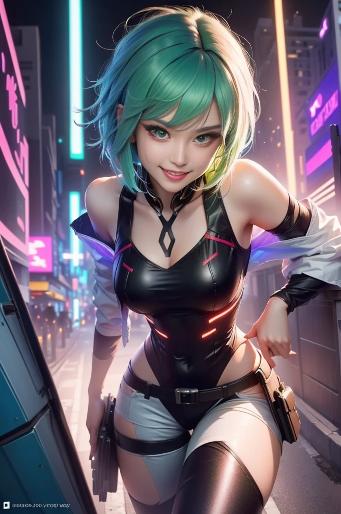 a close up of a woman in blue tights on a city street, blue iconic character, cyberpunk:0.7, ross tran 8 k, ross tran style, hero pose colorful city lighting, in the style of ross tran, 8k artgerm bokeh, rossdraws cartoon vibrant, very beautiful cute catgirl, ilya kuvshinov. 4 k, inspired by Ross Tran, (green short hair:1.4), smile with teeth showing,