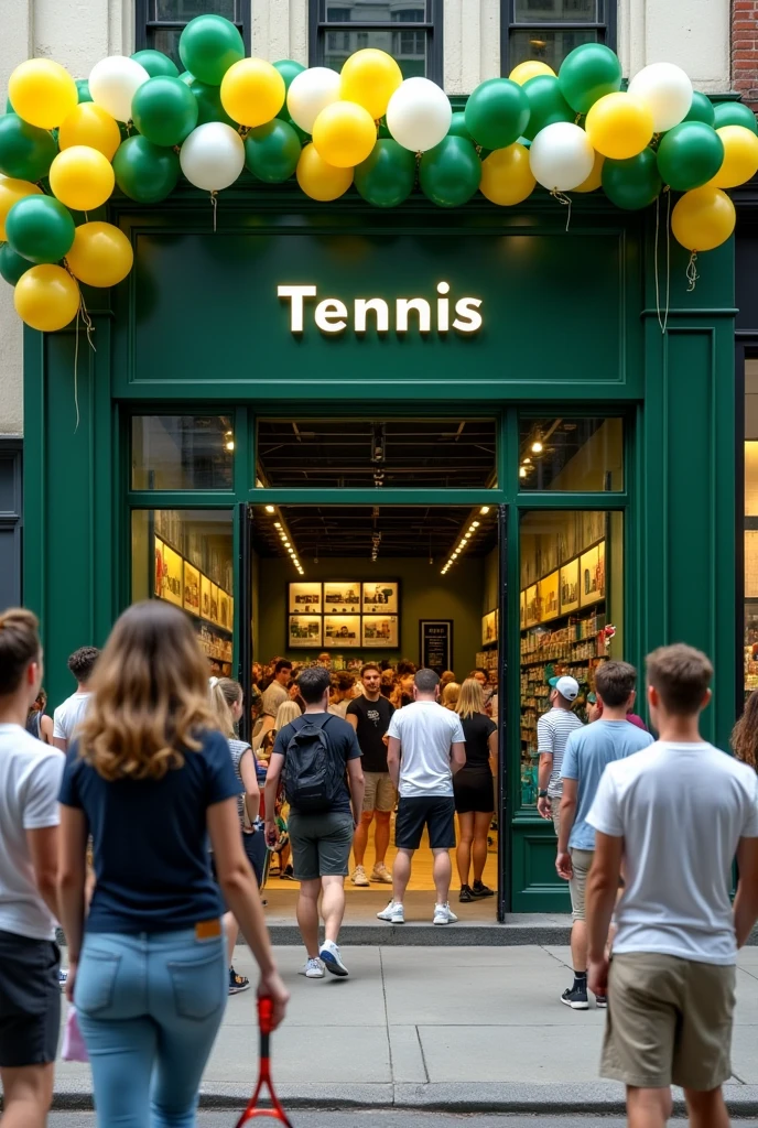 a dark green tennis store opened with balloons and a party
