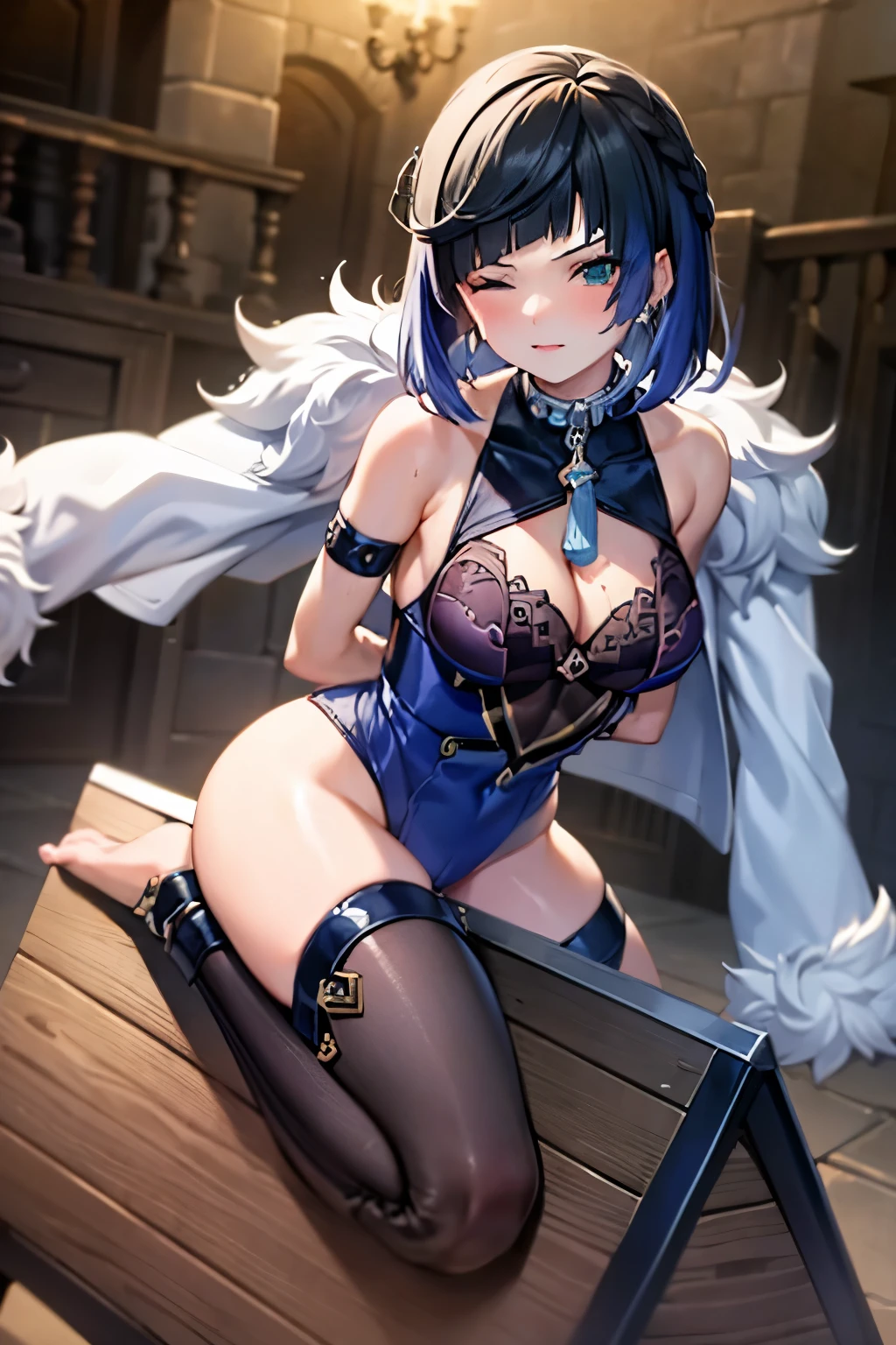 nsfw, NUDE, naked ,tied up her arms ,((eyes closed)) ,breast milk ,Put her hands behind her back ,very large breast ,best quality thighs:1.5 ,((high quality toe1.2)) ,(a girl on a wooden horse:1.2) ,in a show theatre ,in a dungeon ,pussy juice:1.5 ,crying face ,scream, tears ,hyper realistic ,intricate details ,photorealistic ,cinematic lighting ,dramatic composition ,muted colors ,chiaroscuro lighting, moody atmosphere, fine art painting ,detailed face ,highly detailed, masterpiece:1.4, best quality:1.5, 8k:1.4 ,4K ,2k, Suggestive clear liquid, rubbing the crotch ,Navy blue short bob hair