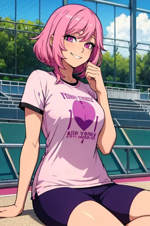 Perfect face. Perfect hands. A pink haired woman with violet eye and an hourglass figure in a t-shirt and gym shorts is smiling while sitting on the bleachers at a track