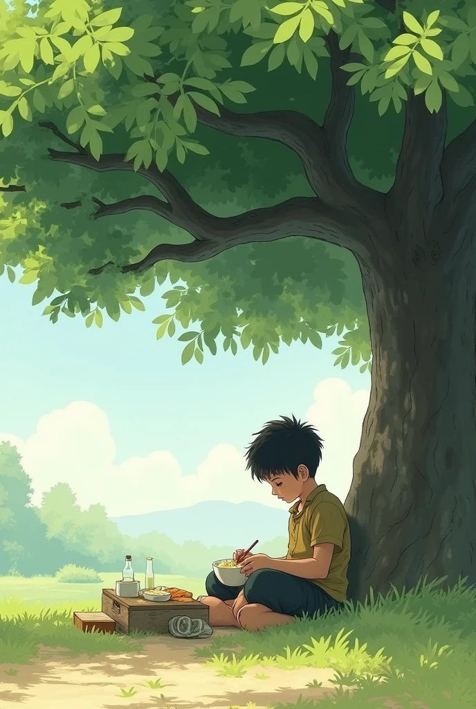Suddenly a boy was sitting under a tree eating some food. 