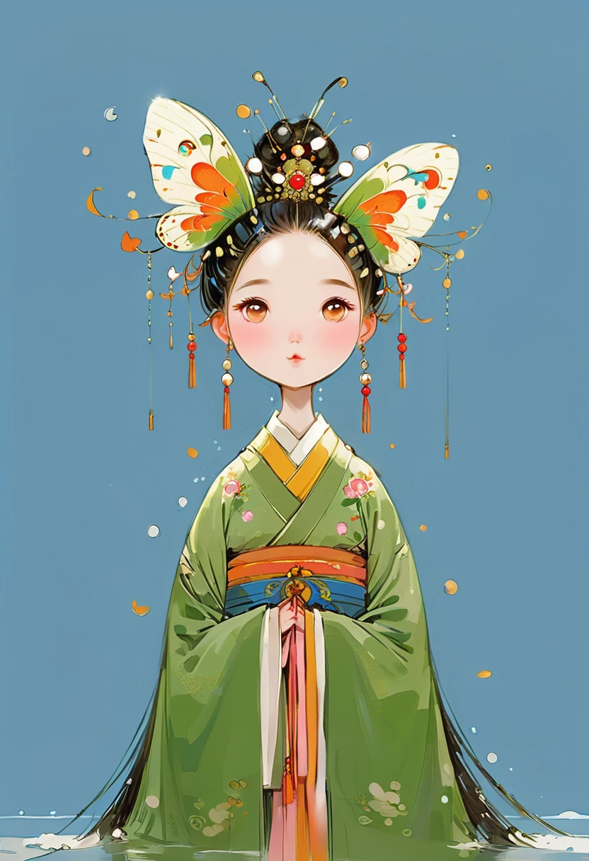 Vector illustration,Flat illustration,A young and beautiful Japanese anime girl,Looks like Liu Yifei,Watery eyes,Exquisite facial features,head gear,butterflys,Behind him there is a decorated moon, Light blue and pink, Vividly depict movement, Bell Stone, carefully designed, Margaret Brasingham, Light gold and orange,National style,illustration,Chinese style