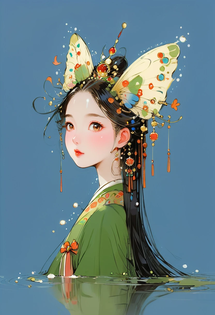 Vector illustration,Flat illustration,A young and beautiful Japanese anime girl,Looks like Liu Yifei,Watery eyes,Exquisite facial features,head gear,butterflys,Behind him there is a decorated moon, Light blue and pink, Vividly depict movement, Bell Stone, carefully designed, Margaret Brasingham, Light gold and orange,National style,illustration,Chinese style