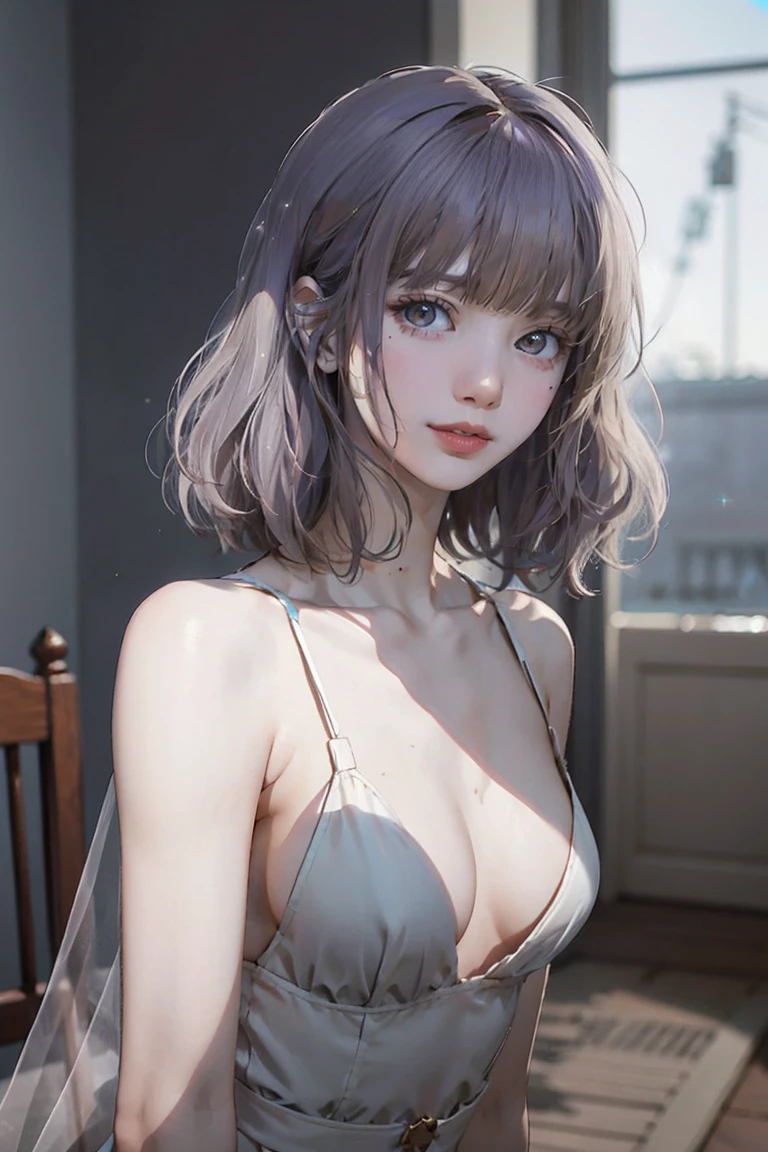 Highest quality, masterpiece, Ultra-high resolution, (Realistic:1.4), RAW Photos, Aesthetics and atmosphere, Dark Shot, Film Grain, Soft Focus, Bokeh, Night Shots, masterpiece realistic volumetric light,,One girl, Purple eyes, Gray Hair, Curly Hair, Grin, (freckles:0.8), thigh, Medium chest, Upper Body, (Sparkling:1.3) Sequined Mini CNS Dress, (panties),ray tracing reflection, Desert street, path, City lights, Beautiful sky, Relying on the wall, From the side,NSFW,Large Breasts, Small waist