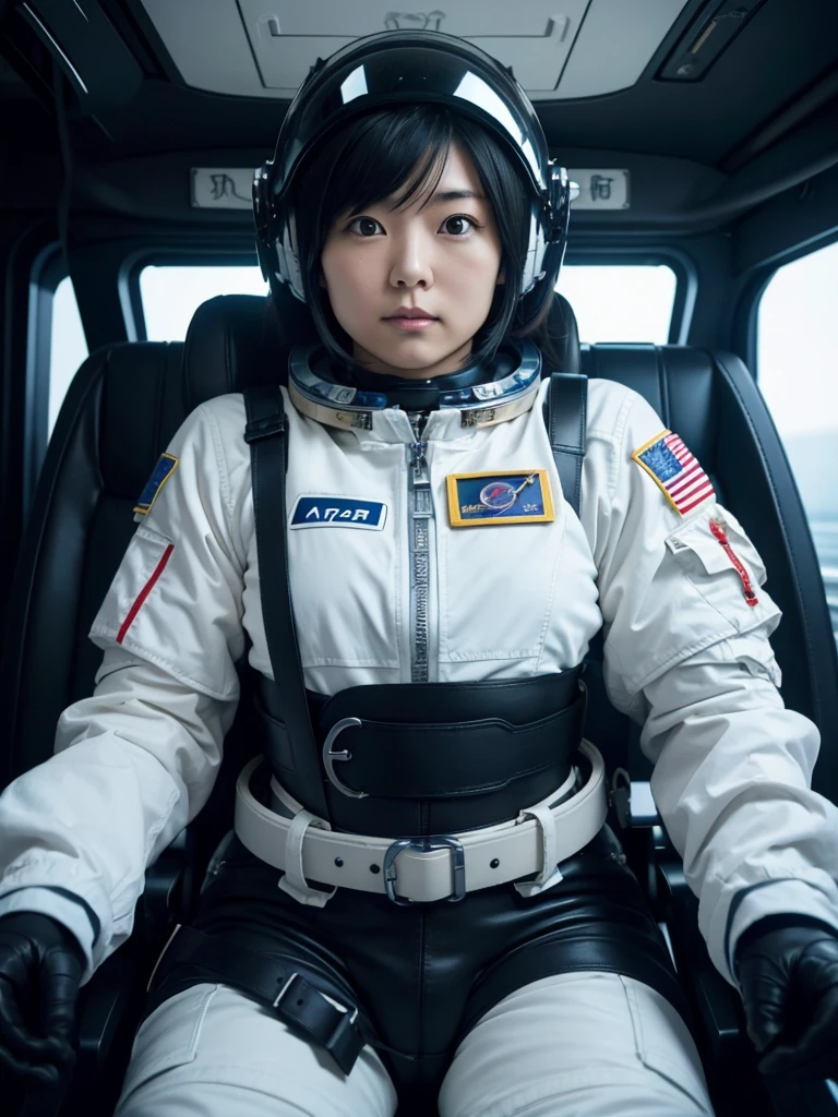 Japanese female astronaut,Black Hair,The spaceship's cockpit,Secured to the seat with a thick belt,Wearing a helmet,Holding the handle,Plump,Slightly thicker,Squat