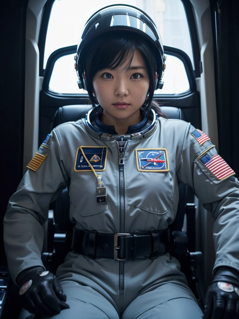 Japanese female astronaut,Black Hair,The spaceship's cockpit,Secured to the seat with a thick belt,Wearing a helmet,Holding the handle,Plump,Slightly thicker,Squat