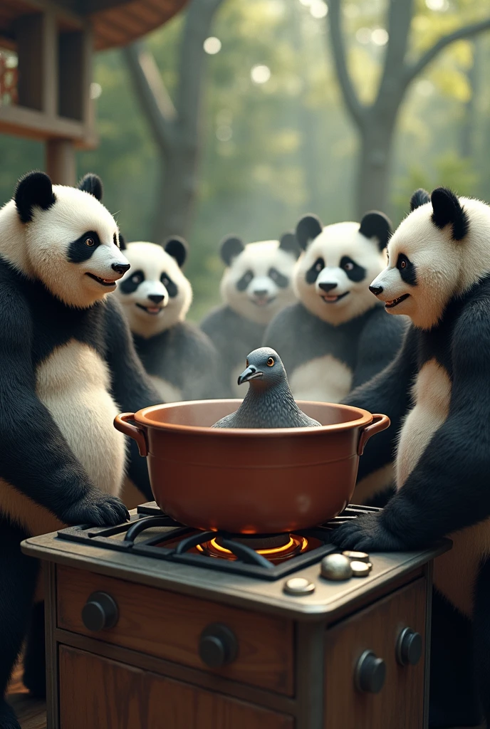 (masterpiece, best quality, ultra detailed, photorealistic:1.2), ((Muscular panda has a smiling expression)), A group of muscular pandas are gathered around watching a grey pigeon being cooked in a large stockpot on the stove., forest, (A grey pigeon&#39;s head emerges from a large stockpot), 
