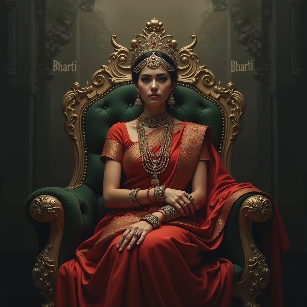 Create a realistic image where a woman wearing  luxury indian sharee and sitting on king size chair with crown 👑, she's crossed her hands, there is smoke in background a shadow. In background the name "Bharti" is showing in bold reflection in shadows