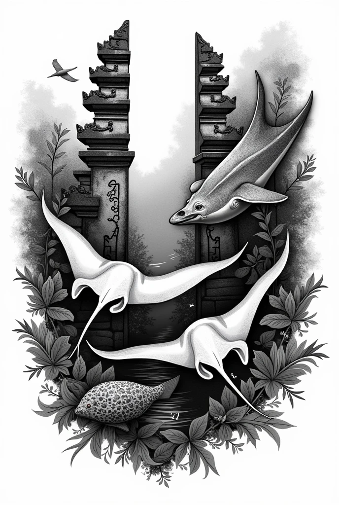 A t-shirt design of Two manta ray swim with one Mola mola. Black and white image.
The design must come with Indonesia Bali theme