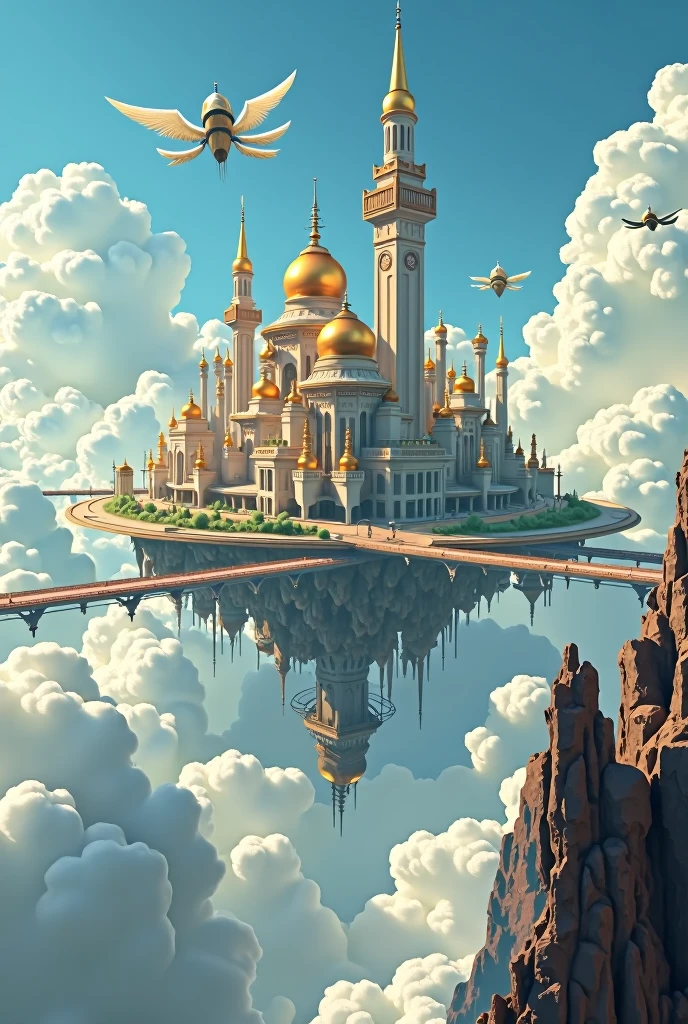 A huge city floating above the clouds。Lined with towers and palaces shining in gold and silver、A transparent bridge floating in the air。In the sky, flying ships sail、A person with angelic wings々Flying freely around。