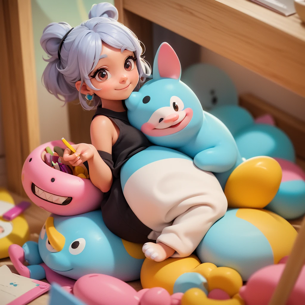 "Create a detailed cartoon-style illustration with fine, delicate strokes, aimed at female and age audiences. The artwork must represent a colored cubic pencil holder, with three visible sides. Each side of the pencil holder should be divided into vertical blocks with the colors yellow, blue and pink, and contain a 3D heart with a smiley face, olhos grandes e brilhantes, rosy cheeks, and a small black nose. Inside the pencil holder, Add a variety of pens and pencils with fun decorative tops, SOM: A pink donut with frosting and colorful sprinkles. A red bag of chips with eyes and a smile. A pink dinosaur with white outlines. Um coração verde de cacto com um sorriso e rosy cheeks. A panda with a cute expression and big, bright eyes. A blue pompom with blue cat ears and a happy face. Um pincel com cabo colorido em blue and pink, and realistic brown bristles. Also include paper clips positioned underneath the pencil holder.: a pink clip with a smiling pineapple ornament and a blue clip with a smiling orange ornament. Below the pencil holder, adicione o texto 'Blissful Tints!!' in a light and fun handwritten font, In the black color. Use a vibrant, saturated color palette, with soft shadows to give slight depth to the elements. Make sure the illustration has a high school, summer vibe, transmitting fun and creativity. The artwork must be suitable for shirt printing, maintaining an organic distribution and avoiding rigid rectangular shapes." ((Squishmallows must appear somehow interacting interactively with the illustration))