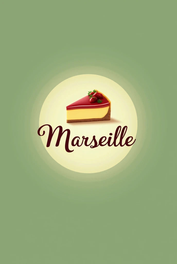 A logo with the name Marseille with the cheesecake product attractive and pretty with a green background with a bone-colored gradient.