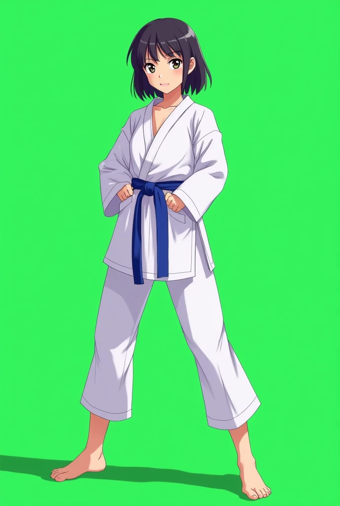 A karate  girl in karate uniform in white dress and blue belt standing in straight Stance towards the screen and the background is green full screen size in anime style and in straight pose towards straight to the screen full size image