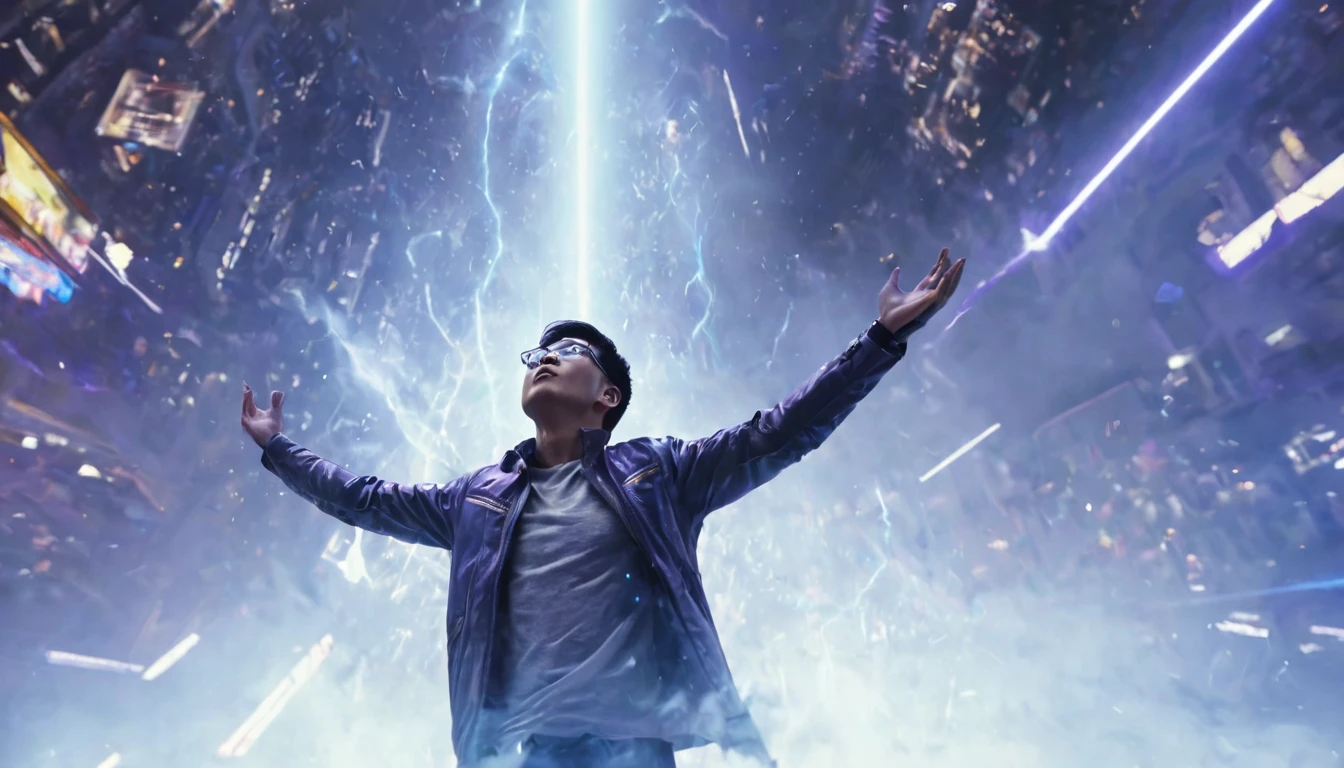 Realistic cinematic scene image of Asian man in silver Scifi jacket, wearing glasses, with some other people in the distance in a cool flying pose flying and looking up at the sky, a blue light beam from the sky in a dazzling streak of light from above to his face, cyberpunk city scene at night, LED billboards shining blue and purple light, hazy smoke, technological light rays surrounding the distance below
