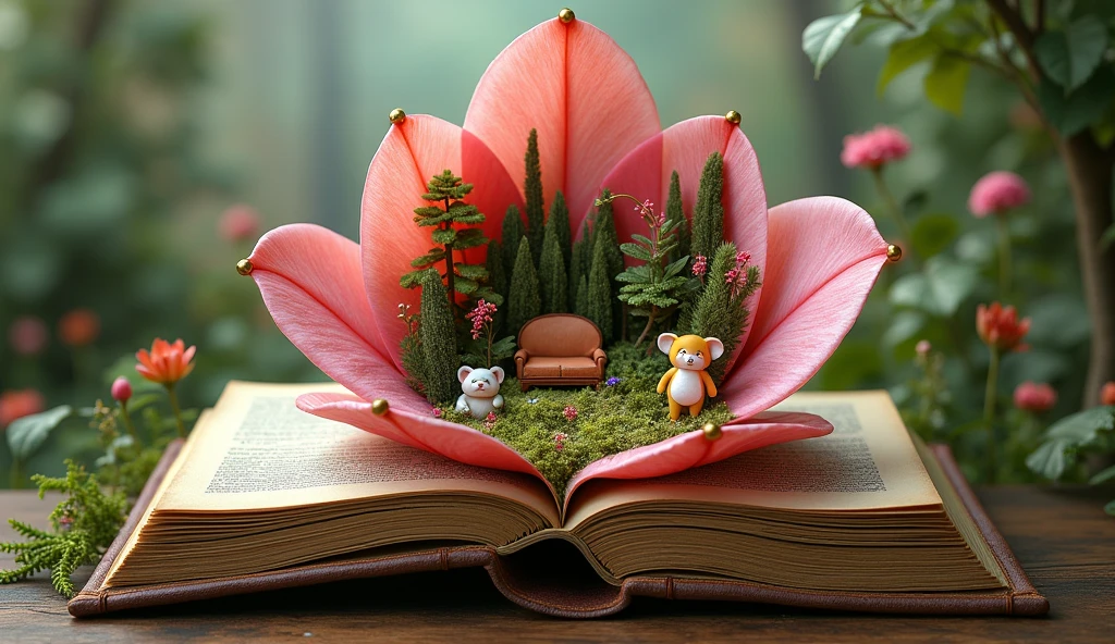 Scenes Within Scenes, Craft compositions where smaller details unfold within a larger scene, An enchanting forest scene hidden within the petals of a blossoming flower or A cozy living room diorama concealed within the pages of an oversized novel, masterpiece, whimsical, 4k